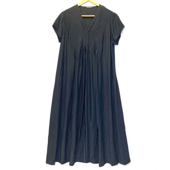 GRIZAS Silk Bamboo Blend Pleated Maxi Dress Womens Medium M Black V-Neck Flowy - Picture 1 of 15